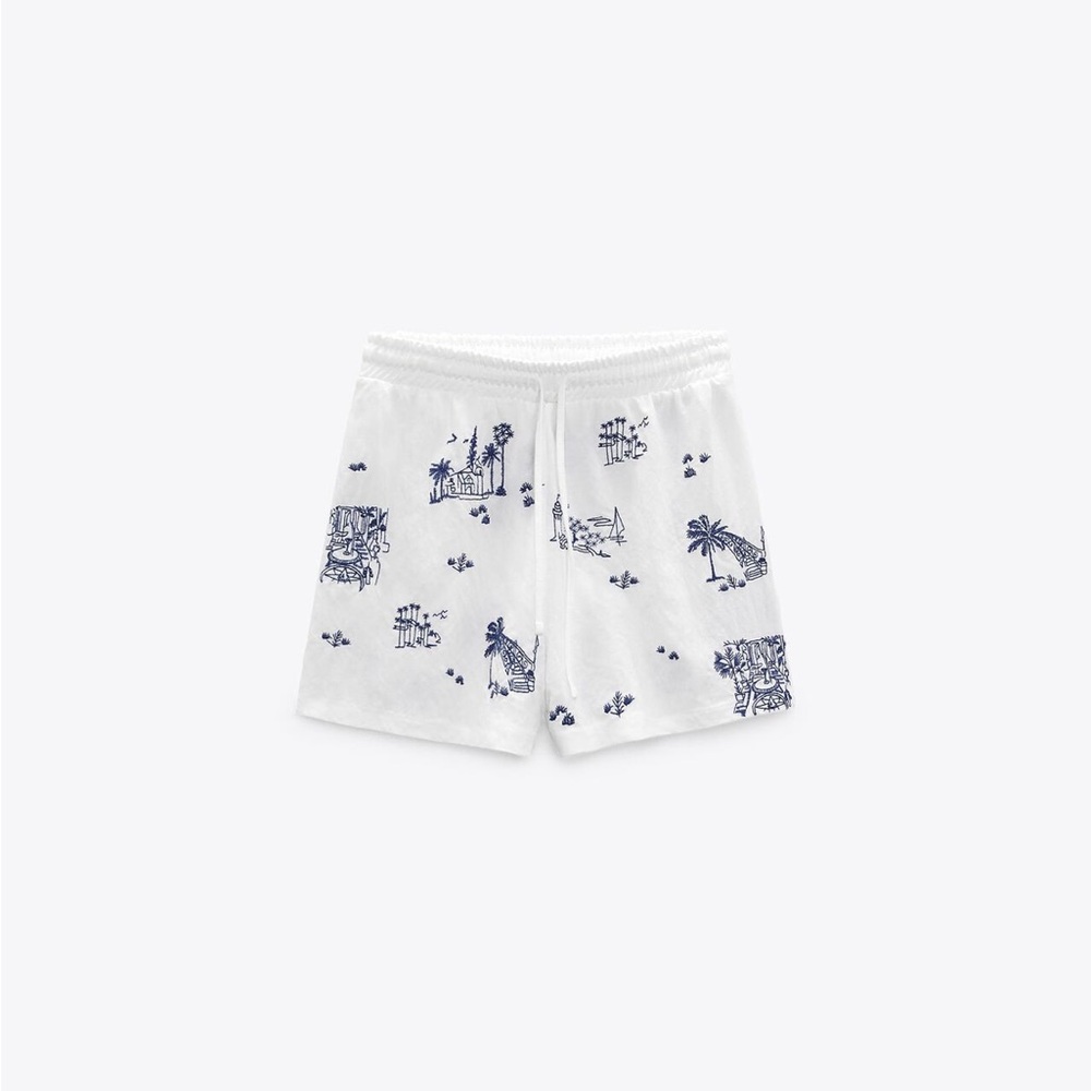 ZARA White Shorts with Blue Tropical Print